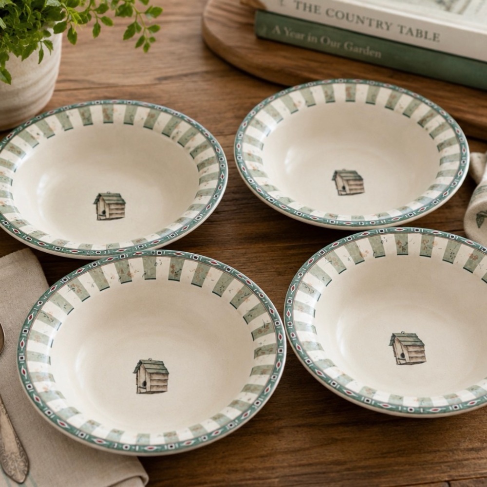 Vintage 1990s Pfaltzgraff Naturewood USA Birdhouse Bowls 7¼” Set 4